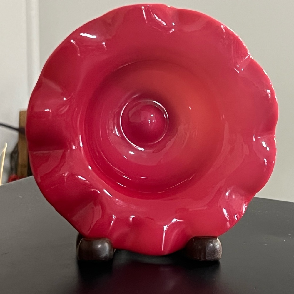 Pink & White Cased Glass Ruffled Edge Candy Dish Bowl